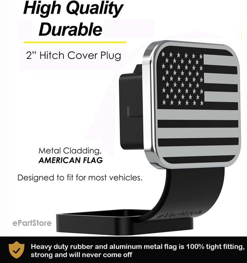 eVerHITCH 2 Inch Universal Flag Tow Hitch Covers, American Flag Trailer Hitch Cover Tube Plug Insert, Car Exterior Accessories, Receiver Tube Hitch Plug (Chrome and Black, Fits 2" Receiver) - Image 2